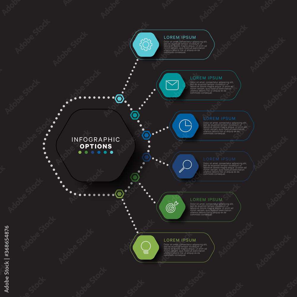 Aufkleber modern infographic template with hexagonal realistic elements in flat colors on a black background. 