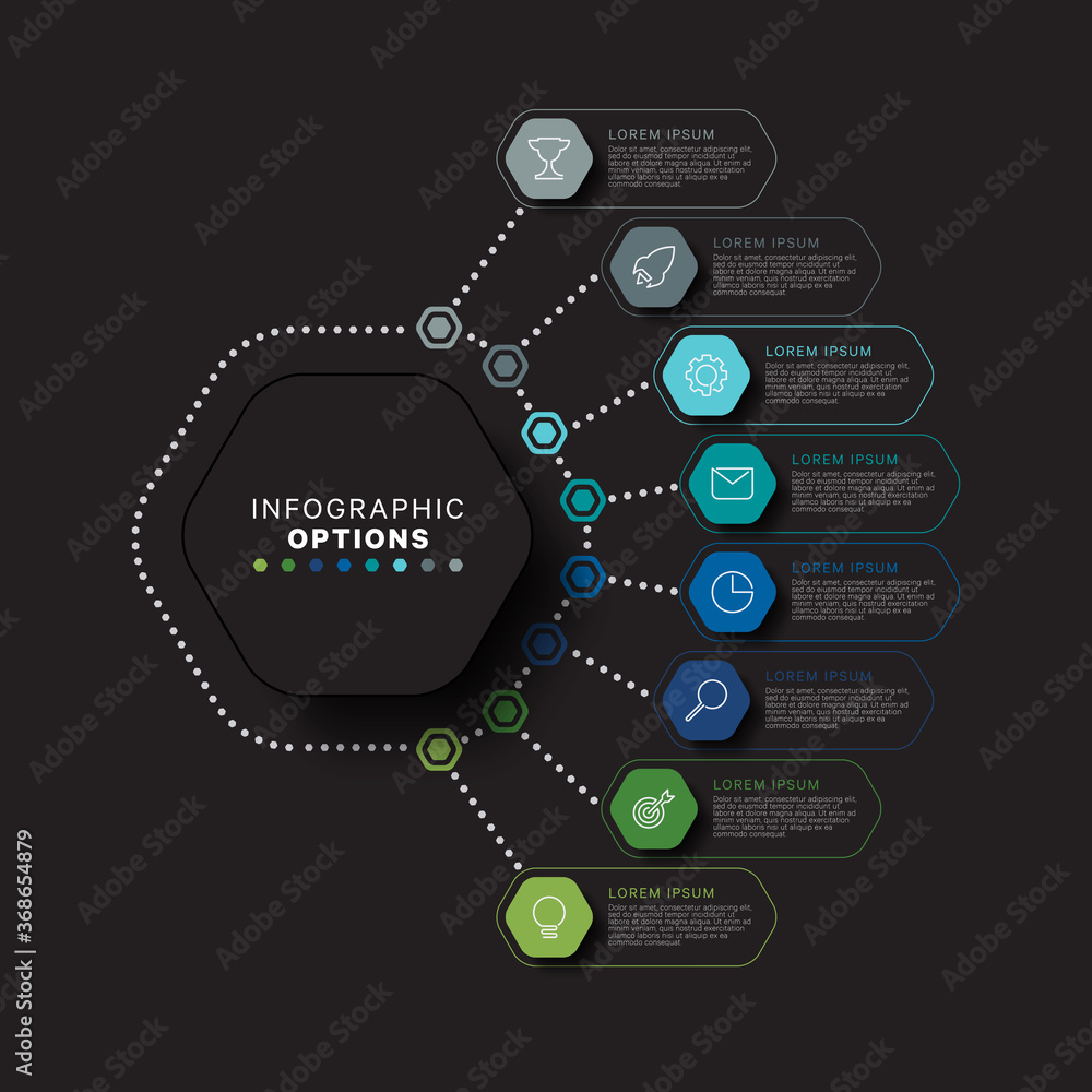 Aufkleber modern infographic template with hexagonal realistic elements in flat colors on a black background. 