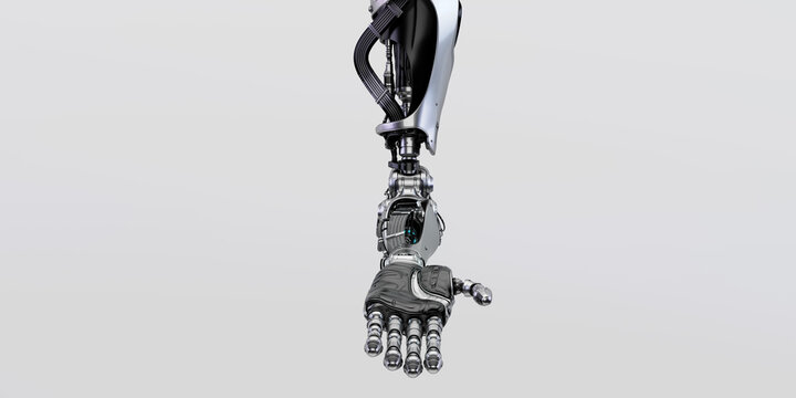 Artificial steel futuristic robotic arm with asking gesture, 3d render / Steel robotic arm stretched