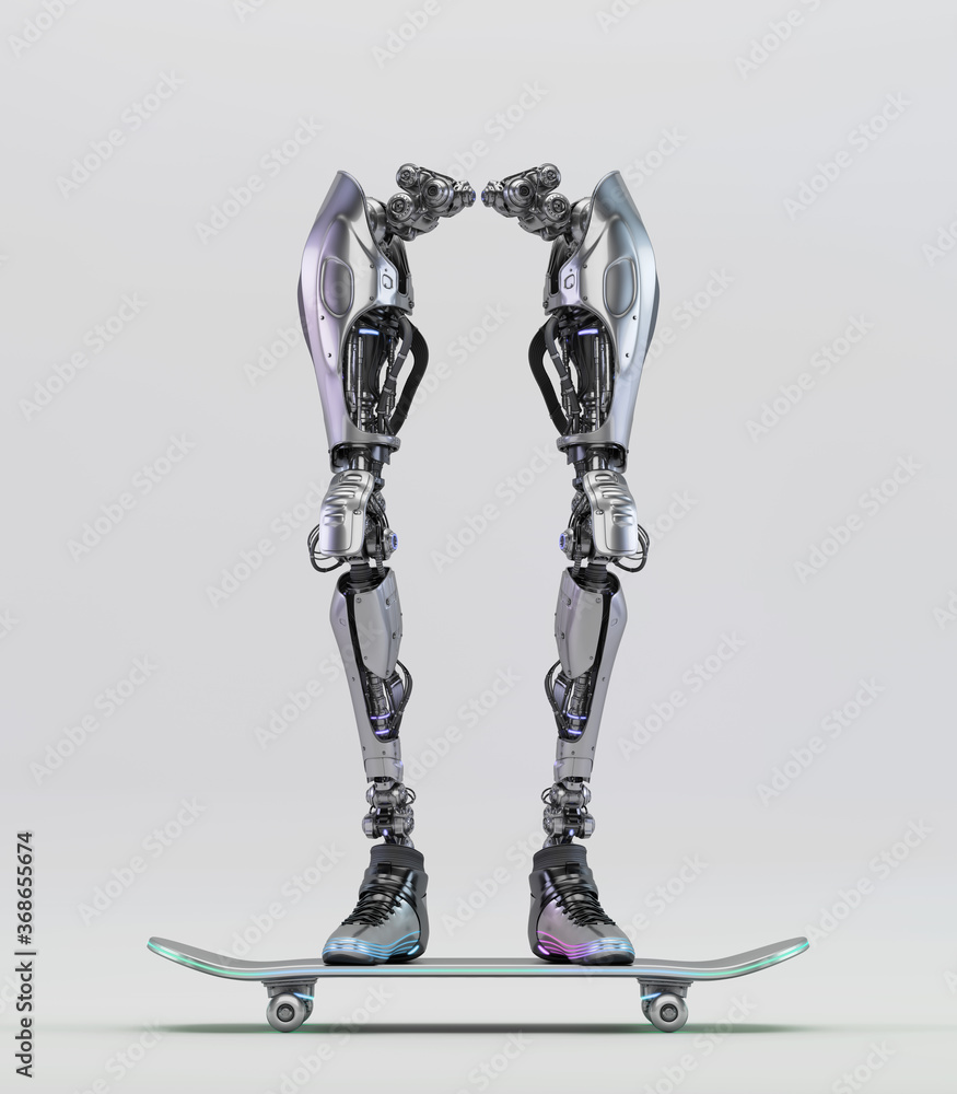 Poster robotic legs on skateboard, 3d rendering on light background in front view