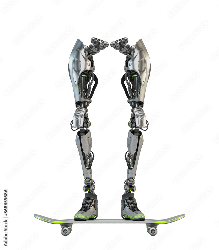 Poster robotic legs on skateboard, 3d rendering on light background in front view