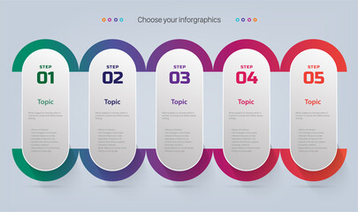 Infographic design templates, with five icons or steps. used for workflow diagram, presentations, flow charts, websites UI, UI design, banners, printed materials. Vector illustration.