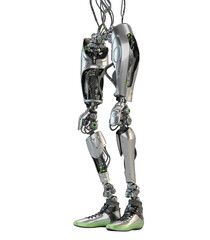 Steel artificial robotic leg parts, 3d rendering on light background