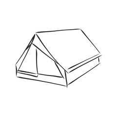 Hand-drawn tourist tent. Sketch tents in pencil. An open tent and entrance tied to a stick. Vector eps illustration.