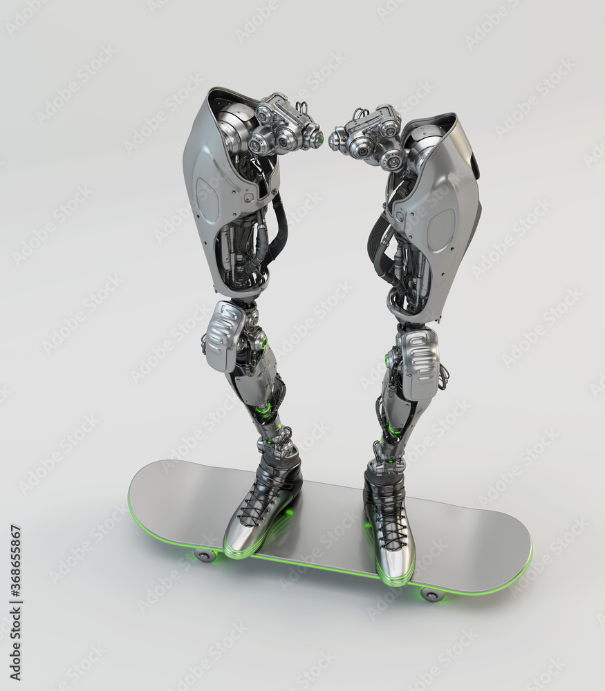 Poster robotic legs on skateboard, 3d rendering on light background in upper view