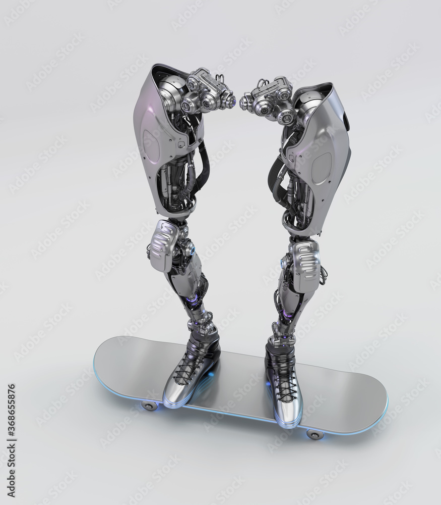 Poster robotic legs on skateboard, 3d rendering on light background in upper view