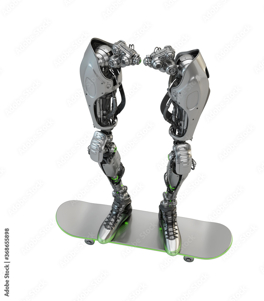Poster robotic legs on skateboard, 3d rendering on light background in upper view