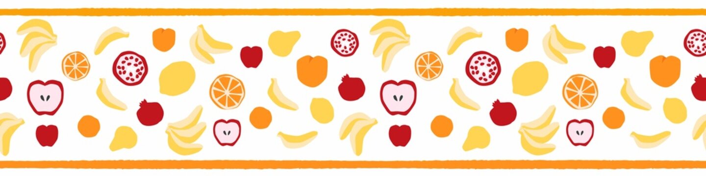 Traditional fruit vector seamless pattern with orange stripe border and apple, pear, banana and lemon in the middle to print on table runner or towel.