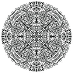 mandala with abstract ornaments and drawn folk-style flowers for coloring on a white background, vector