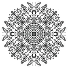 folk style flowers forming a drawn mandala for coloring on a white background, vector