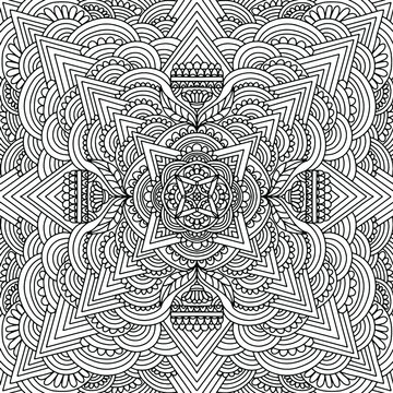square mandala with abstract ornaments in folk style drawn for coloring on a white background, vector