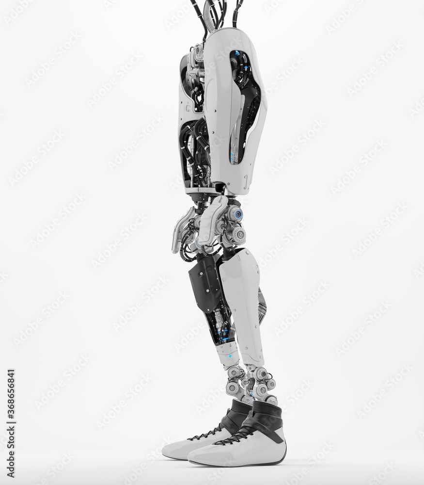 Poster replacement robotic leg part, 3d rendering on white background in side angle