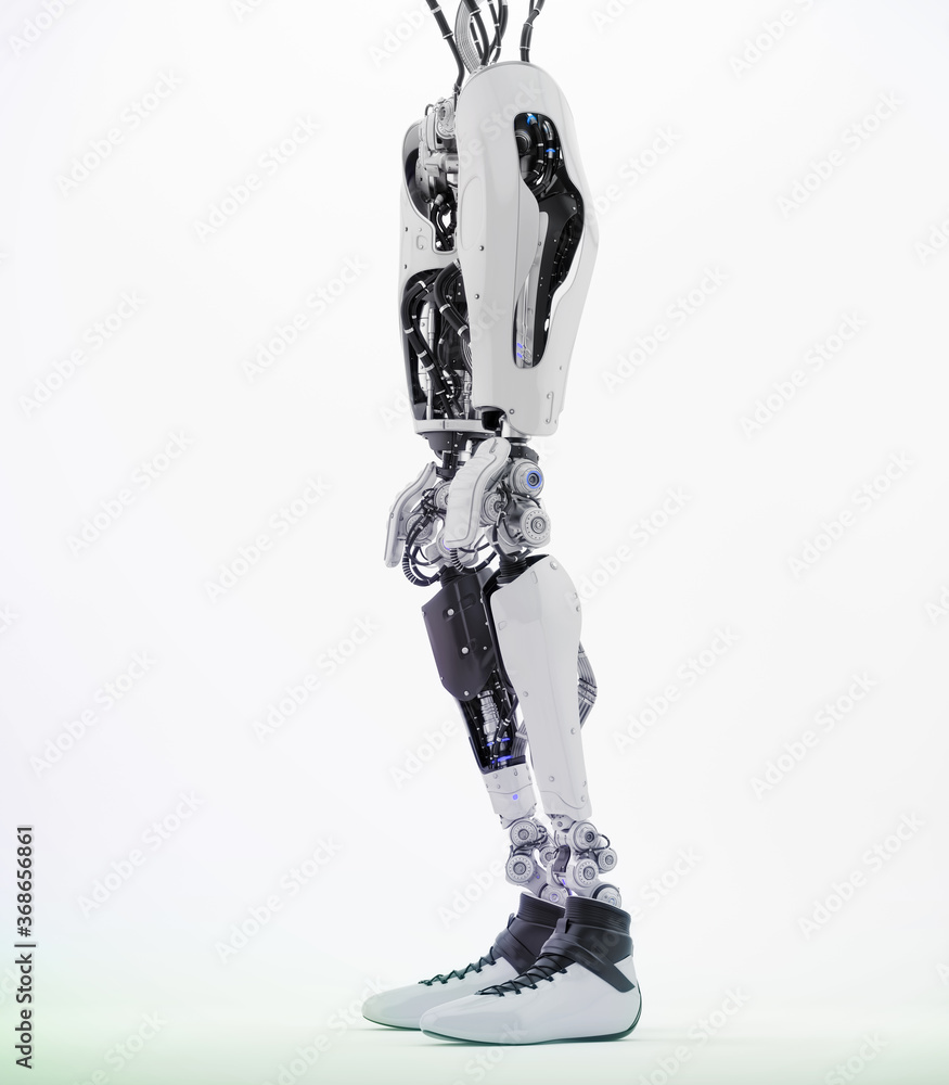 Poster replacement robotic leg part, 3d rendering on white background in side angle