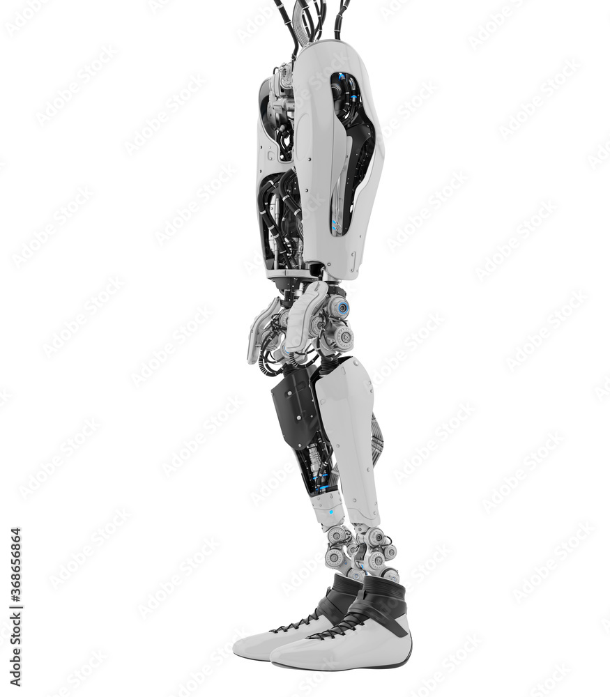 Sticker replacement robotic leg part, 3d rendering on white background in side angle