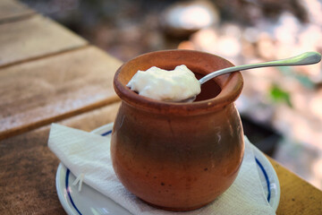 Delicious fresh farmer dairy - sour-cream (kisela pavlaka) in the rural Serbia