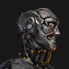 Semi-transparent handsome cyborg head in profile / Futuristic man 3d rendering on dark background