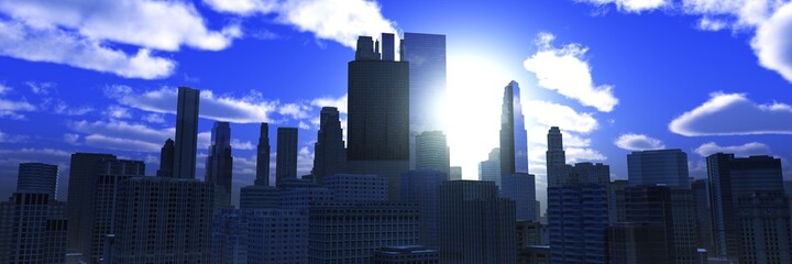 Obraz premium Skyscrapers at sunrise. modern city in the morning, 3d rendering