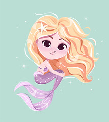 Cute mermaid girl with blonde hair vector illustration.