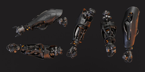 Futuristic replacement arm parts prosthesis, 3d rendering 