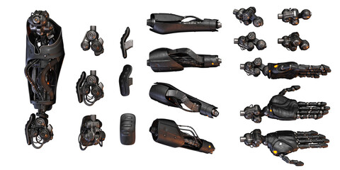 Futuristic replacement arm parts prosthesis, 3d rendering 