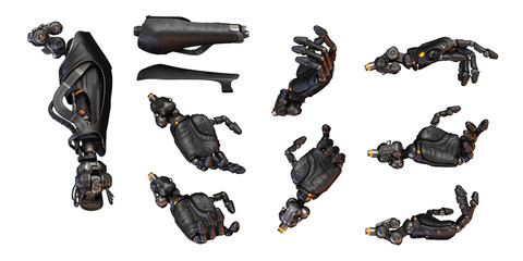 Futuristic replacement arm parts prosthesis, 3d rendering  - obrazy, fototapety, plakaty