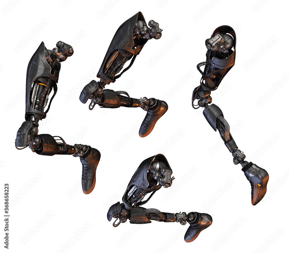Poster replacement robotic leg parts in action, 3d rendering on white background