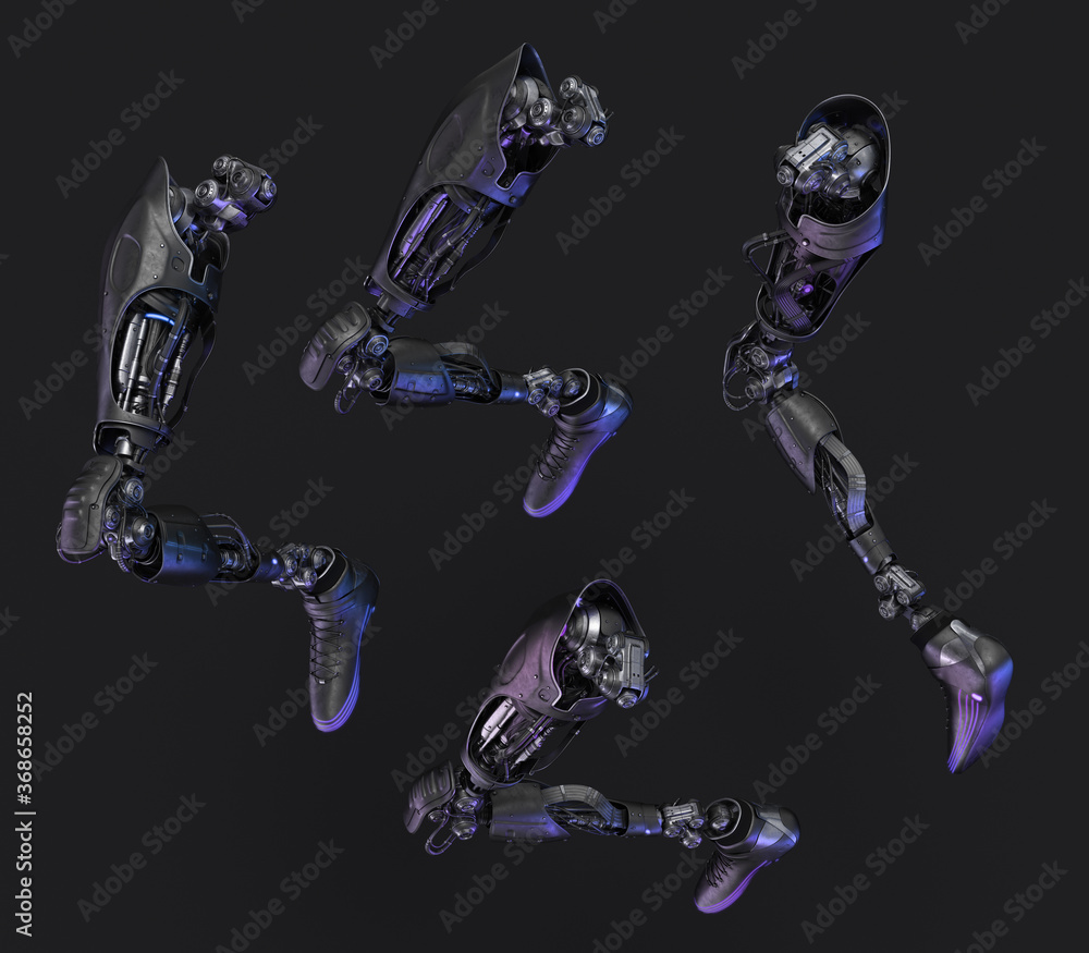 Poster steel artificial robotic leg parts in action, 3d rendering on dark background