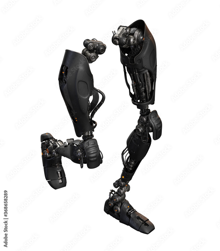 Poster replacement robotic leg parts in action, 3d rendering on white background