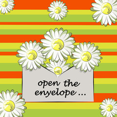 Color card from an envelope of daisies on a striped background.