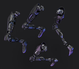 Obraz na płótnie Canvas Steel artificial robotic leg parts in action, 3d rendering on dark background