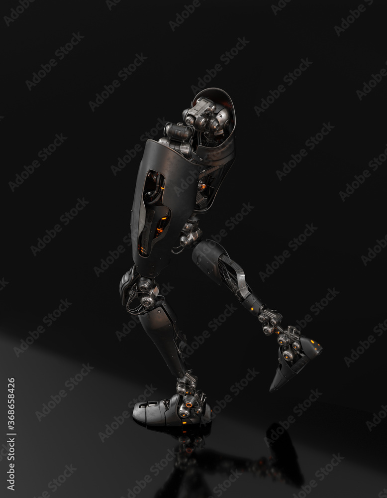 Poster steel artificial robotic leg parts in action, 3d rendering on dark background