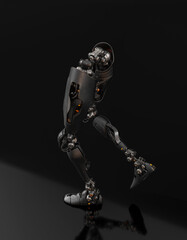 Steel artificial robotic leg parts in action, 3d rendering on dark background