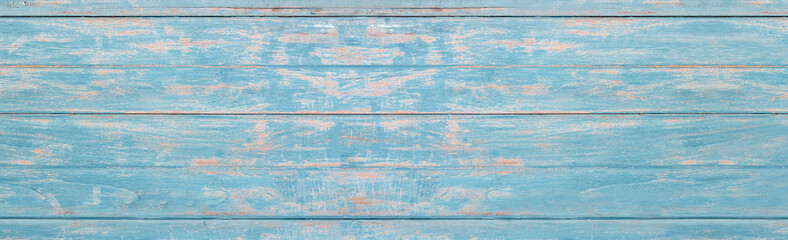 Panorama of sky blue vintage wood plank texture surface and background