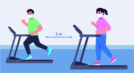 Social distance in New normal Concept, People men and women Exercising and have a medical face mask at Fitness Gym. prevent pandemic of corona virus or COVID-19.