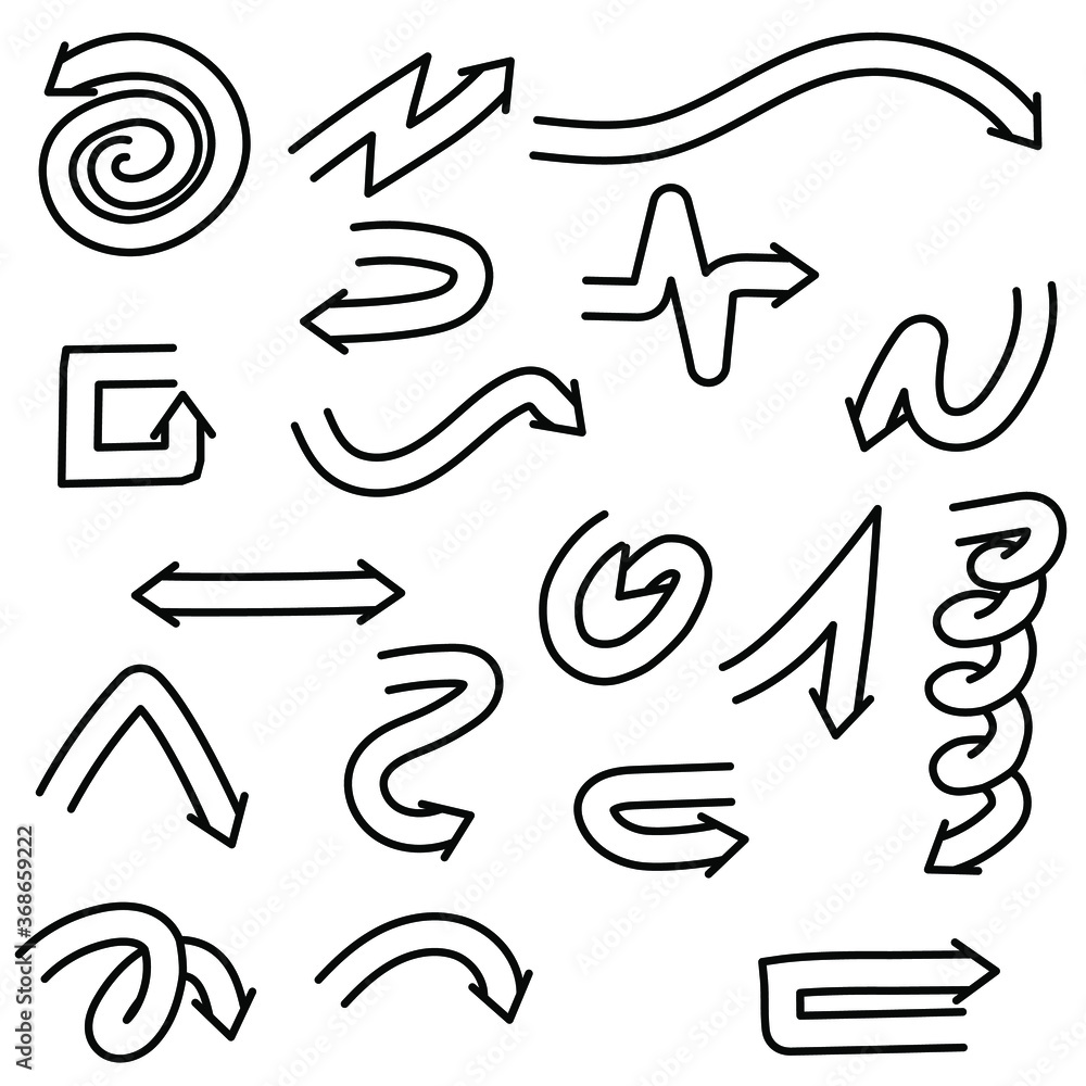 Poster abstract set black collection hand drawn different arrows elements vector design sketch style doodle