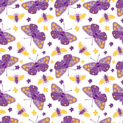 Seamless pattern with butterflies and bees on white background