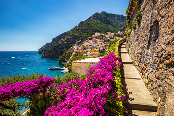 Characteristic alley in Positano town, Amalfi coast, Italy, Europe