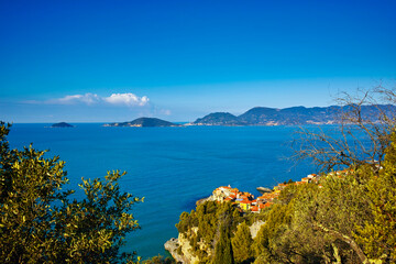 Mediterranean seascape of the Gulf of La Spezia and the country of Tellaro Liguria Italy