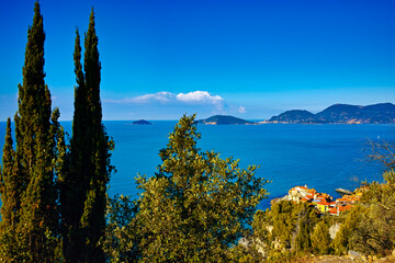 Fototapeta na wymiar Mediterranean seascape of the Gulf of La Spezia and the country of Tellaro Liguria Italy