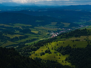 View from Mount Wysoka on the valley and mountain village. Pieniny National Park. Polish-Slovakian border