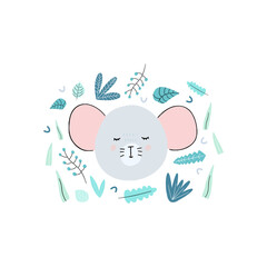 Drawn by hand mouse head with plant elements on white background. Doodle rat vector illustration. Childish designs for decoration.