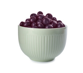 Fresh acai berries in bowl isolated on white