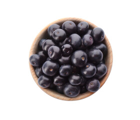 Fresh acai berries in bowl isolated on white, top view