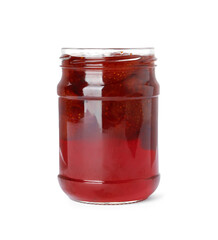 Delicious pickled strawberry jam in glass jar isolated on white
