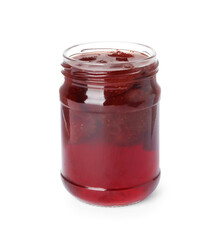 Delicious pickled strawberry jam in glass jar isolated on white
