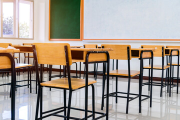 Situation of Covid-19 disease outbreak resulted in inability organize teaching learning in college. Lecture school empty classroom with desks chair iron wood when student close stay home in highschool