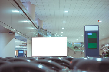 Airport banner for Advertising lcd mock up empty, Blank billboard at conveyor belt luggage in...