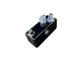Isolated black and gold striped overdrive stompbox electric guitar effect for studio and stage performed on white background with clipping path. side view photo. music concept. - Powered by Adobe