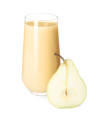 Tasty pear juice and cut fruit isolated on white