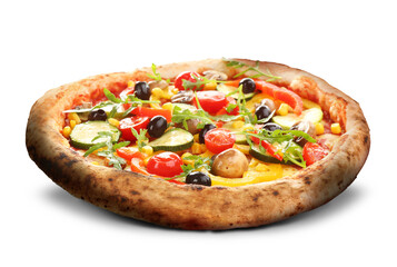 Hot tasty vegetable pizza on white background. Image for menu or poster